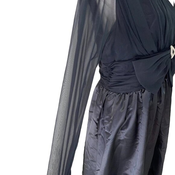 Ann Hobbs For Kastina Dress Womens Size 10 Satin Chiffon Bow Front V Neck Black - Picture 5 of 12